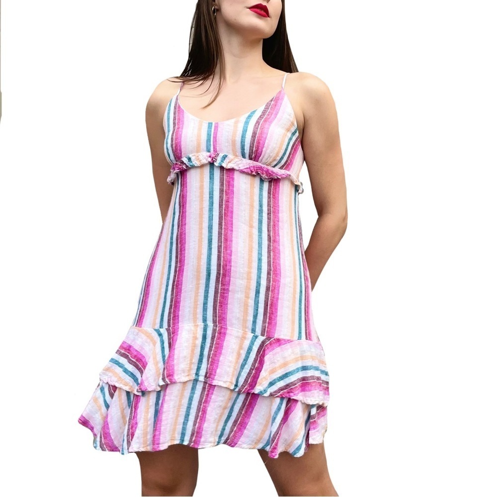 Rails Martina Avila Rainbow Striped Coastal Beach Linen Mini Sun Dress XS